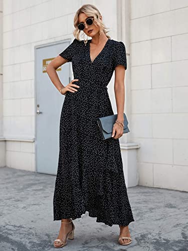 Prettygarden Women's Summer Wrap Maxi Dress Casual Boho Floral V Neck Short Sleeve Ruffle Hem Split Beach Long Dresses (Black Polka Dot,X-Large) #TOP1