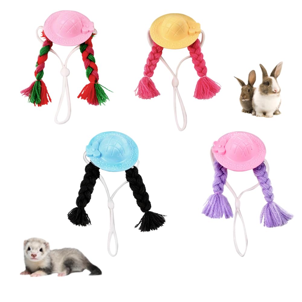 Mini Desk Goose Headwear, 4PCS Adjustable Christmas Mini Pet Hats with Braid Wig for Hamster Bird Guinea Pig Chicken Duck Goose