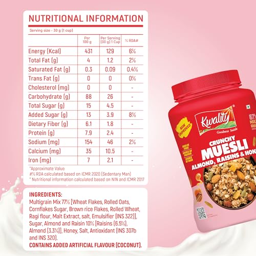 Image of Kwality Crunchy Muesli Almond, Raisins and Honey, Goodness of Multigrain, High in Fibre Source of Vitamin, Iron and Protein 1Kg Jar [Pack of 1]