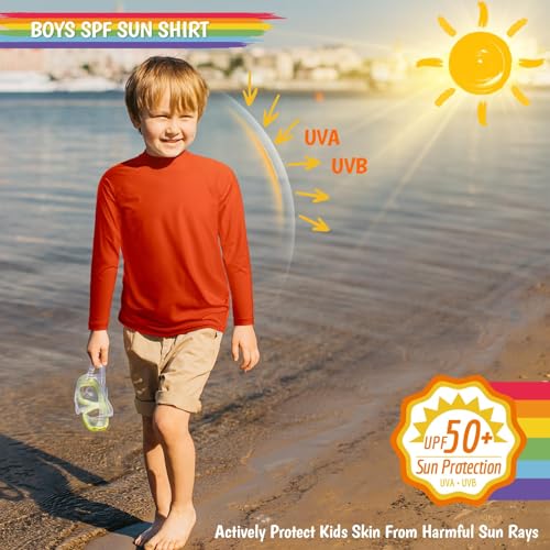 Boys Rash Guard Long Sleeve UPF 50+ Sun Protection Swim Shirt Rashguard Fishing Surf Quick Dry Cool Beach Shirtfor Youth Kids Orange Red Size 10-122