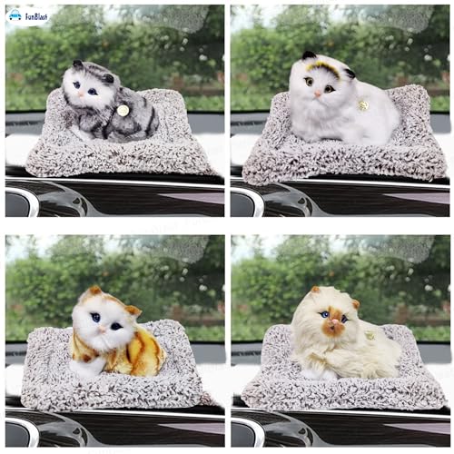 Image of FunBlast Cute Cat Plush Toy with Meow Sound, Toy Accessories for Car Dashboard & Home Decor, Realistic Cat Pet Toys with Bed, Gift for Kids (Grey+Black)