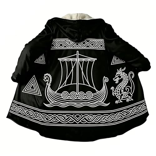 Image of Viking Mythology Mens Hooded Cloak Nordic Faux Cashmere Hoodie Winter Warmer Overcoat Mid-Length Parka Jacket