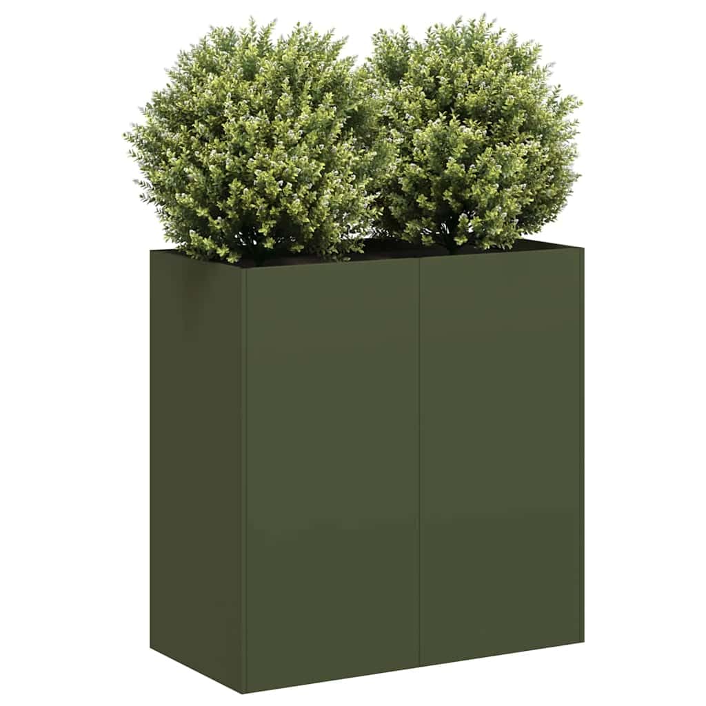 Donica na rośliny, oliwkowa zieleń, 80 x 40 x 80 cm, ze stali walcowanej na zimno, do ogrodu, na taras i balkon, nowoczesna donica z otwartą konstrukcją dna i uchwytami podporowymi dla