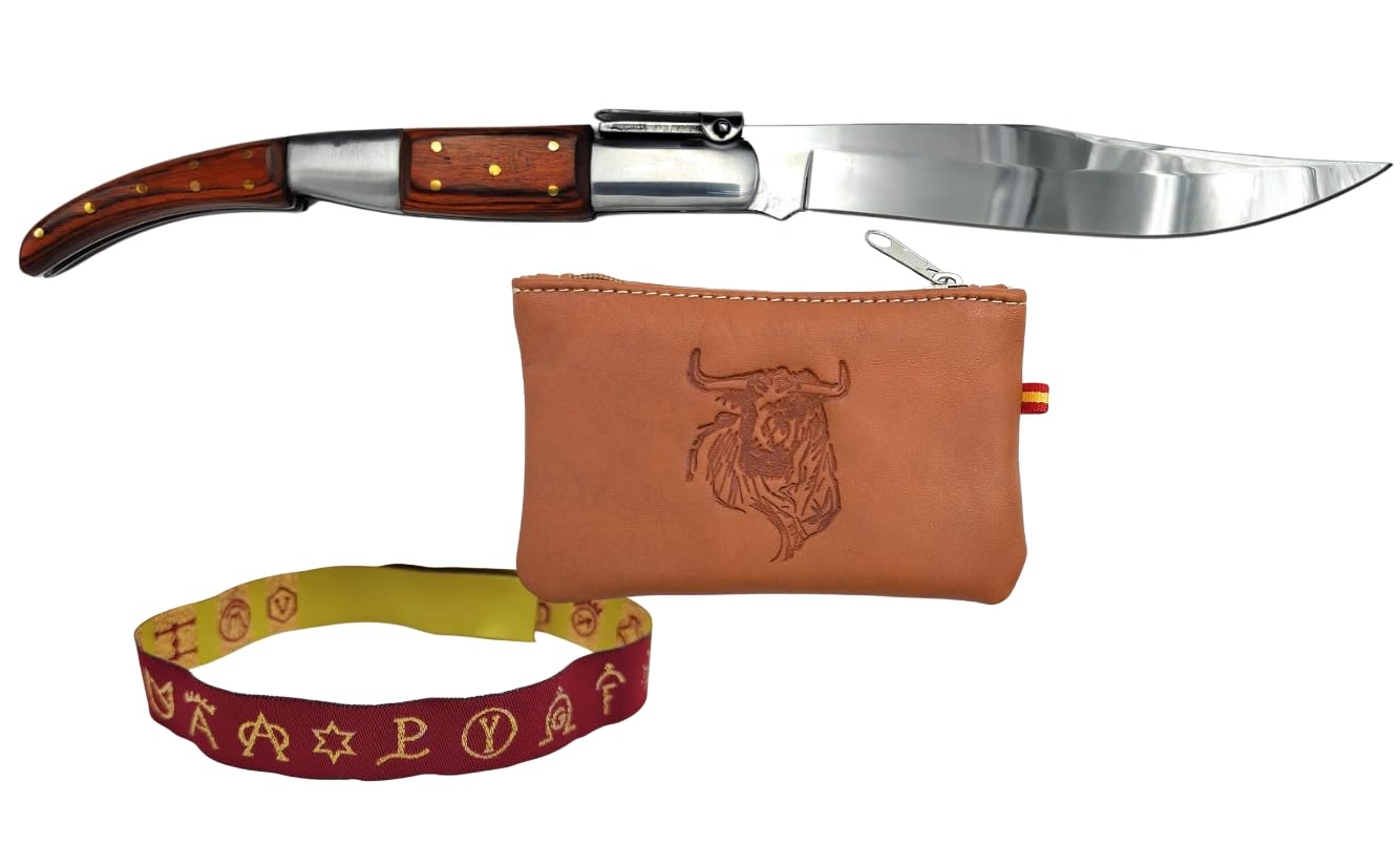 Pack navaja árabe con carraca 3Cr13MoV hoja espejo + monedero de piel 10,5×7 cm hecho en España + pulsera hierros taurinos (Roja)