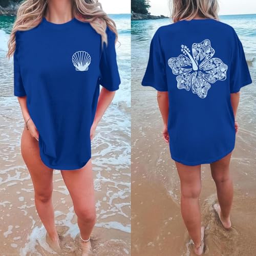 Image of Hawaiian T Shirts for Women Oversized Aesthetic Hibiscus Flower Beach Shirt Teens Preppy Tropical Graphic Tee Tops