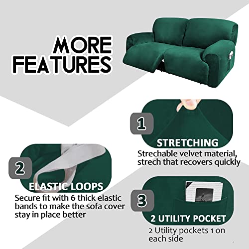 Ulticor Extra Wide 75" - 100", Reclining 2 Seater Sofa Cover, Extra Wide Reclining Love Seat Slipcover, 6-Piece Velvet Stretch, Reclining Sofa Covers, Thick, Soft, Washable (Retro Green) #TOP3