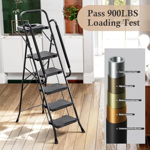 Image of KINGRACK 5 Step Ladder with Tool Platform, 900 lbs Sturdy Step Stool with Handrail, Folding Steel Ladder with Wide Pedal, Safety Ladder for Adults Home Outdoor Painting Garage Office