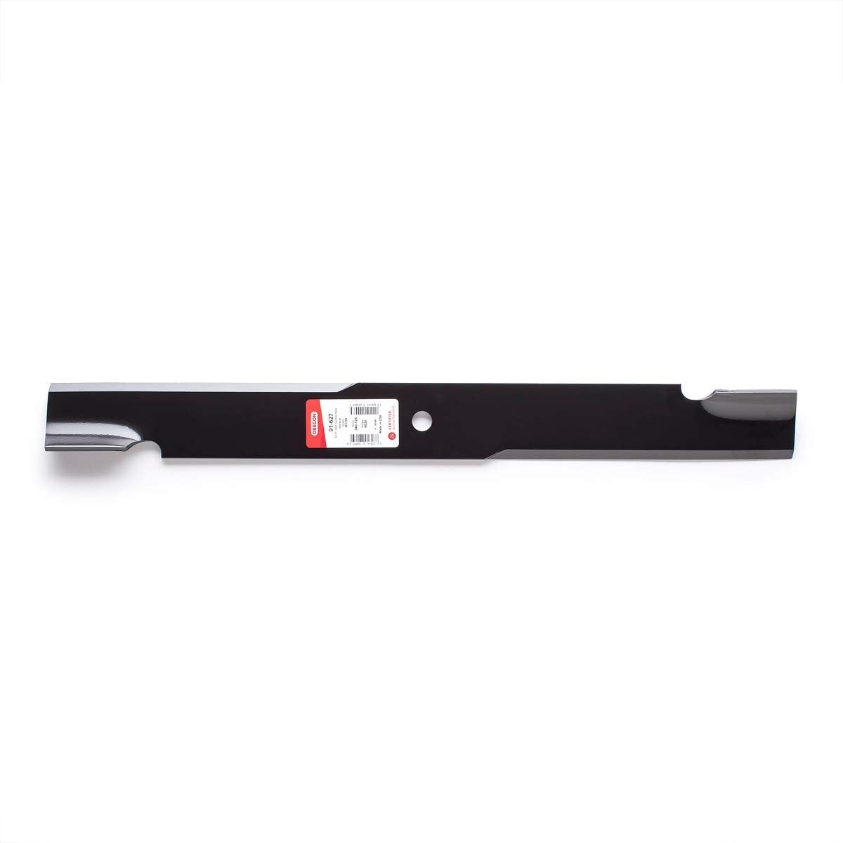 Single Oregon 91-627 replacement mower blade, top-down view.