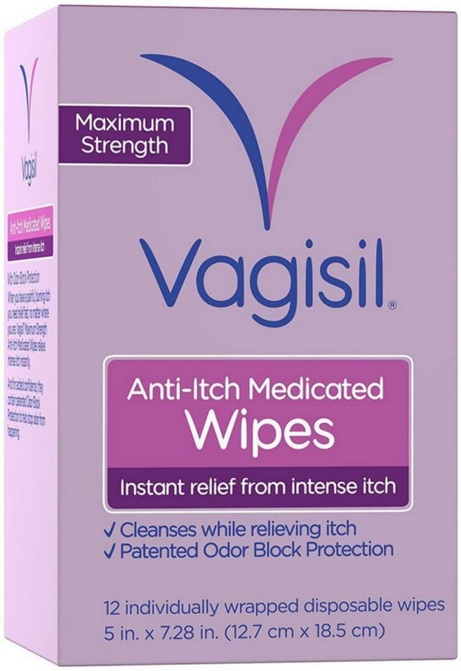 Image of Vagisil Anti-Itch Medicated Feminine Intimate Wipes for Women, Maximum Strength, Gynecologist Tested, 12 Wipes (Pack of 1)