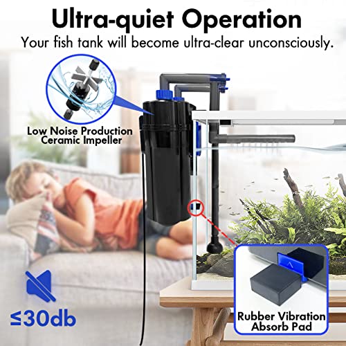 Amosijoy Quiet Aquarium Filter With Rain Shower & Duckbill Design For Aeration, 10-20Gal Small Fish Tank Filter With Surface Skimmer, Multi-Layer Filtration & Adjustable Waterflow, Hang On Back Filter #TOP1