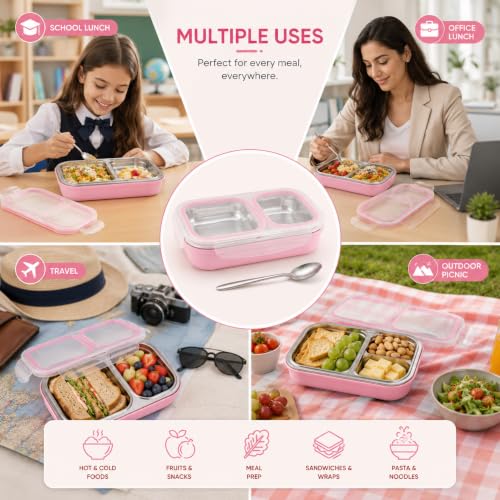 Image of Bento Lunch Box 550ml, Stainless Steel Lunch Box with 2 Compartments & Spoon, Microwave Safe BPA Free Tiffin Box, Leak Resistant Lunch Box for Kids & Adults, Office, School & Travel Pink