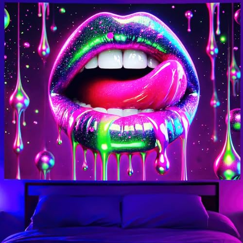 Image of BlissYard Neon Glow Lips Blacklight Tapestry, 71x74 Inch, Glitter Drip UV Reactive Wall Hanging for Bedroom, Aesthetic Glow in the Dark Party Decor, Neon Pink Green Galaxy Lips Wall Art for Room Decor