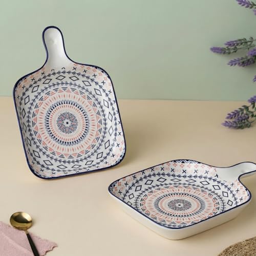 Image of The Earth Store Mandala Ceramic Platter with Handle for Serving Set of 2 | Microwave & Dishwasher Safe Serving Platters for Snacks, Dessert, Starter, Fruits, Salad, Sweets & Appetizers