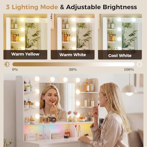 Image of COMHOMA Vanity Desk with Mirror and Light, Small Makeup Vanity with Storage Drawers & Power Outlet, 3 Lighting Modes & Adjustable Brightness, Dressing Table for Women Girls Bedroom, White