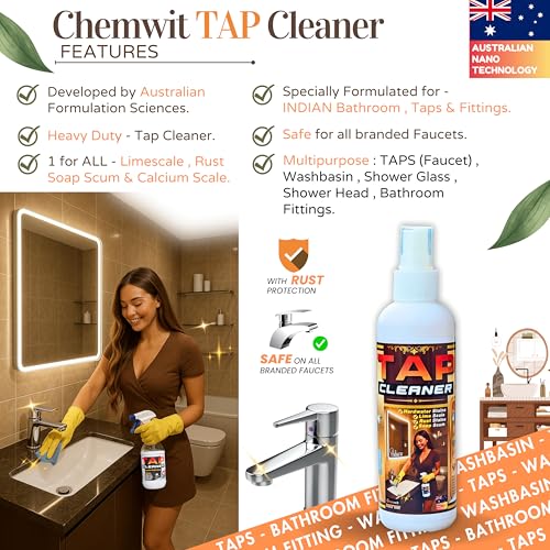 Image of Chemwit Tap Cleaner and Limescale Remover - Strong Cleaning Spray for Bathroom Hard Water - Heavy Duty Liquid to remove Scale, Stains & Rust - Australian Technology - Safe on Chrome & Smells Fresh.