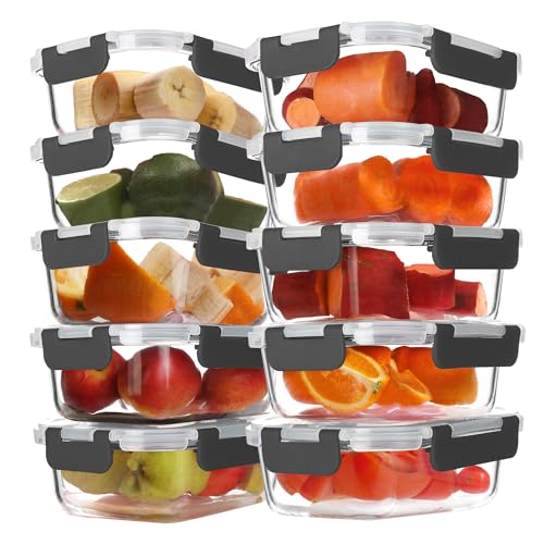 BAYZZ 10 Pack 22 oz Glass Meal Prep Containers, Glass Food Storage Containers with Airtight Lids, BPA-Free, Freezer and Microwave Safe