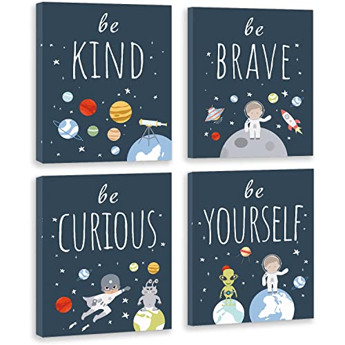 Image of CHDITB Outer Space Canvas Wall Art, Abstract Universe Planet Print, Be Kind Inspirational Space Poster For Kids Room Boys Bedroom Nursery Playroom Decor-Set Of 4 (8” X 10”) Framed Ready To Hang