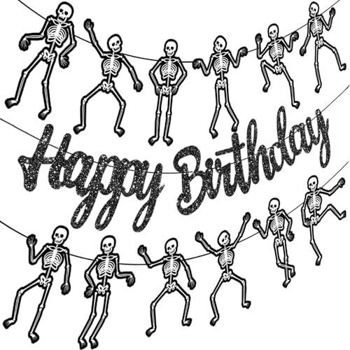 Skeleton Birthday Party Banner Halloween Party Decorations Dancing Skeleton Cutout Banner Glitter Black Skull Party Decoration for Halloween Holiday Celebration Supplies