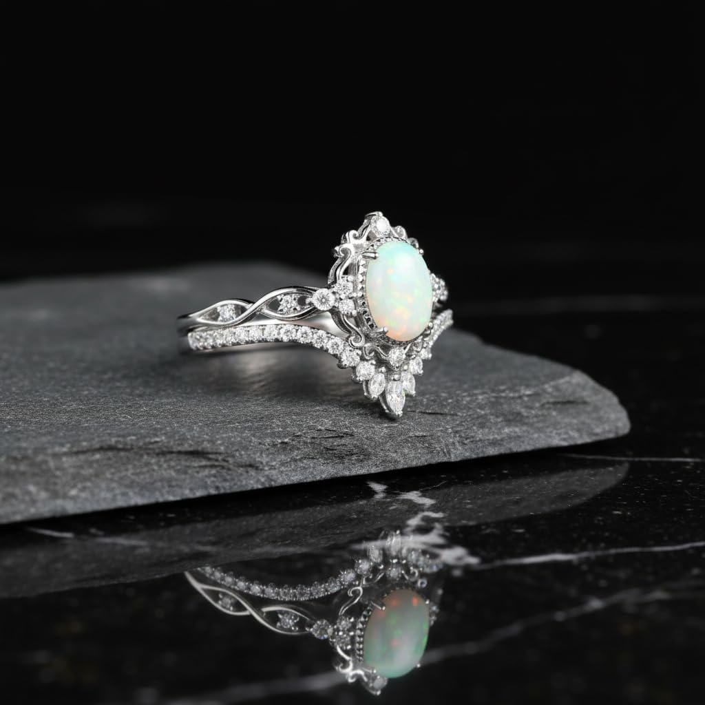2 Carat Opal Engagement Ring Set for Women Unique Oval Cut Opal Bridal Set Ring 925 Sterling Silver Rings with 18K White Gold Plated