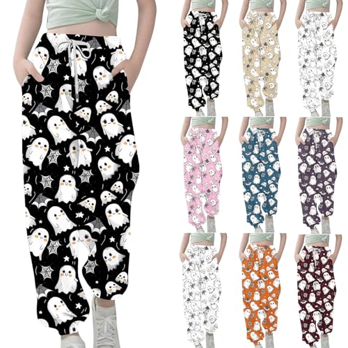 Girls Cute Ghost Print Sweatpants Athletic Drawstring Joggers Halloween Track Pants with Pockets for Kids 3-13 Years2
