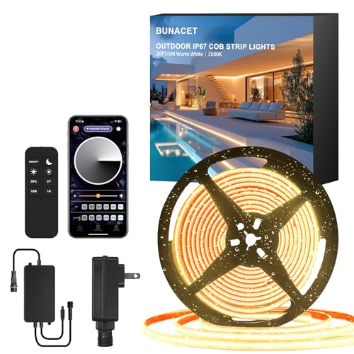 Image of 20ft COB Outdoor LED Strip IP67 Waterproof, 6500K Cold Whit DC24V Flexible LED Rope Strips with Remote & App Control Dimmable, DIY Lighting for Indoor, Outdoor, Bedroom, Garden, Patio