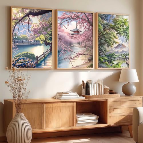 Image of kotart Big Aesthetic Japanese Nature Art View Framed Poster | Mount Fuji Wall Framed Posters for Living Room Bedroom Wall Decor Set Of 3 (19X25 inch)
