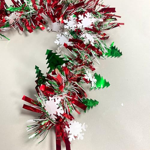 Image of 66 Ft Christmas Tinsel Garland Shiny Thick Red & Green with Tree and Snowflake Design Xmas Tree Metallic Twist Hanging Foil Garland for Christmas Birthday Holiday Indoor Outdoor Party Decor