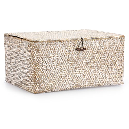 IGNPION Cesta de almacenamiento de pasto marino con tapa, cesta de escritorio tejida, caja organizadora de almacenamiento para baño, cesta decorativa debajo del estante, cesta de almacenamiento multiu