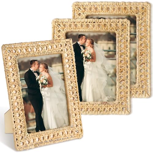 CroBlissful 3pcs Boho Woven Rattan Picture Frame Set Rustic Wicker Photo Frames with Stand for Tabletop & Wall Display Farmhouse Summer Decor for Home & Bookshelf(5x7 Inch)