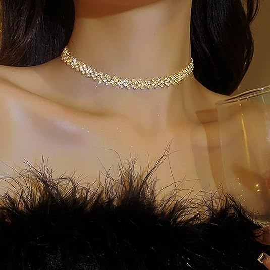 LUYANFX Choker Kette Damen Gold Halsreif Strass Kette Glitzer Schmuck Halskette Damen Gold Halsband Schmuck Necklace Goldene Trachtenkette für Alltag, Partys, Bälle, Hochzeiten