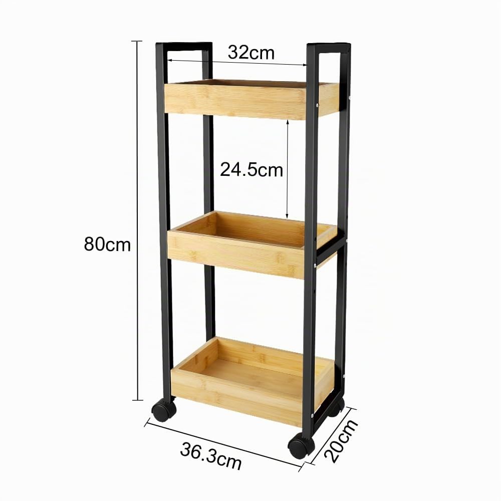 Huole - Carro de almacenamiento con ruedas de bambú con estante de 3 bandejas, carrito de almacenamiento de 3 niveles, estante de almacenamiento con ruedas para cuarto de baño, cocina de bambú, 20 x