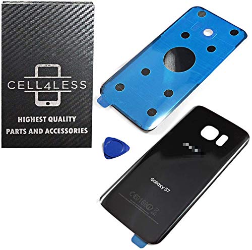 CELL4LESS Compatible Back Glass Cover Battery Door w/Pre-Installed Adhesive Replacement for Samsung Galaxy S7 (NOT S7 Edge)- G930 Models & All Carriers No IMEI- 2 Logo - OEM Replacement Part (Black)