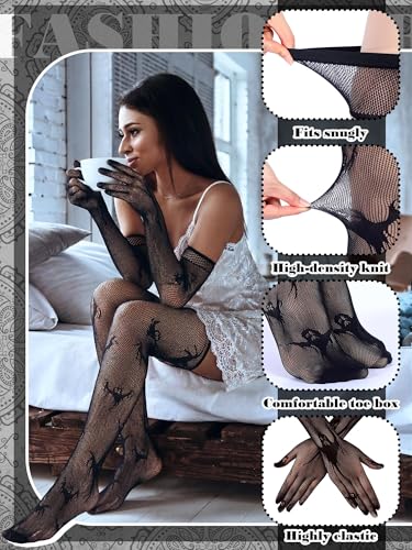 Image of Geyoga 2 Pcs Lace Fishnet Stockings Tights Floral Gloves Black Suspender Pantyhose Long Gloves for Women Halloween Cosplay