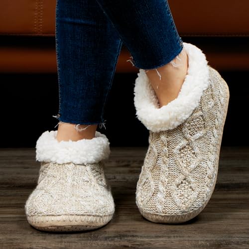 Cable Knit House Slippers for Women Indoor, Sherpa Fleece Lined Soft Loafer Shoes, Winter Warm Fluffy Bedroom Fuzzy Socks Non-slip Grippers, Cozy Gifts Unique2