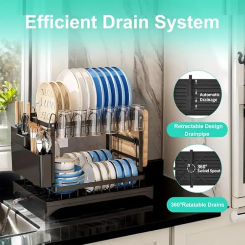 Image of HomeCloud 2-Tier Kitchen Dish Drying Rack & Drainer | Large Capacity Dish Stand with 360 Flexible Drainage System, Removable Drip Tray, Cutlery Holder & Cup Organizer for Countertop (Dark Black)