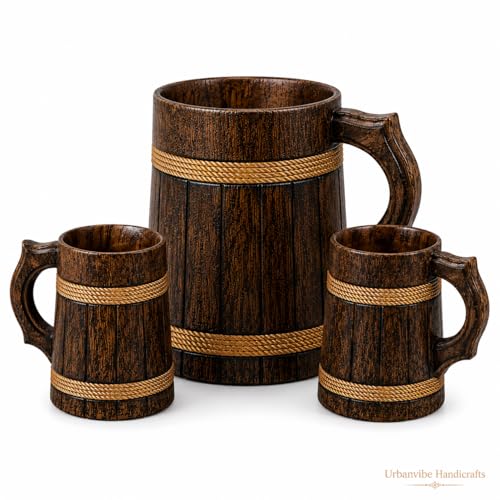 Image of Wide Verticle Grooves Wooden Beer Bar Combo Set|Barrel Shaped Mug|2 Small Beer Mug 350ML Size: 5 x 4 inches Each & 1 Beer Jug Large 750ML Size: 7 x 4.5 inches