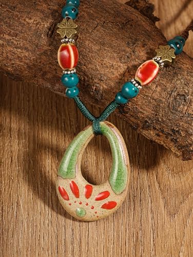 MINACHI Bohemian Colorful Ceramic Bead Nature Floral Charm Pendant Necklace, Vintage Boho Jewelry Gift for Women3