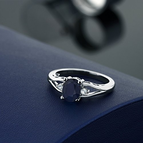 Gem Stone King 1.83 Cttw Blue Sapphire and White Created Sapphire 3 Stone Engagement Ring For Women In 925 Sterling Silver | Oval 8X6MM | Round 2MM | Gemstone Birthstone | Available in Size 5,6,7,8,94