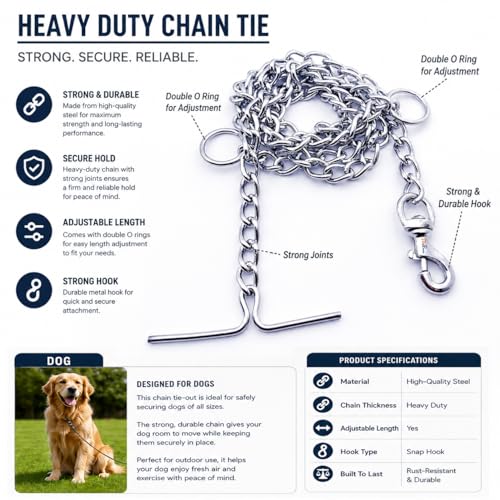 RvPaws Combo Nylon Dog Belt - 1 Inch Collar with Heavy Dog Chain 63 Inch Lengthy Dog Collar Chain Adjustable (Collar Neck Size 16-20 Inch) (Red) - Image 3
