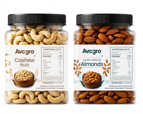 Image of Avogro Premium Almond & Cashew Combo Pack 1KG | 500GM Each | Natural Dry Fruits for Snacking Cooking Baking Festive Gifting Hygienically Packed