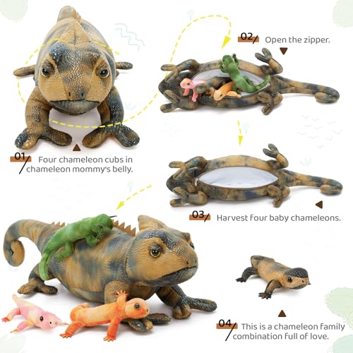 Image of Lizard Stuffed Animal with 4 Babies, 27 inch Gray Chameleon Plush Toy