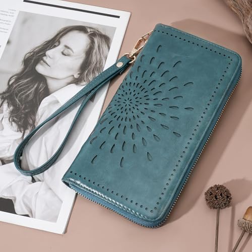 Image of APHISON Wallet Women Large Capacity Clutch Purse For Ladies Card Holder RFID Wristlet Phone Zipper Coin Travel Pocket, 02-peacock blue