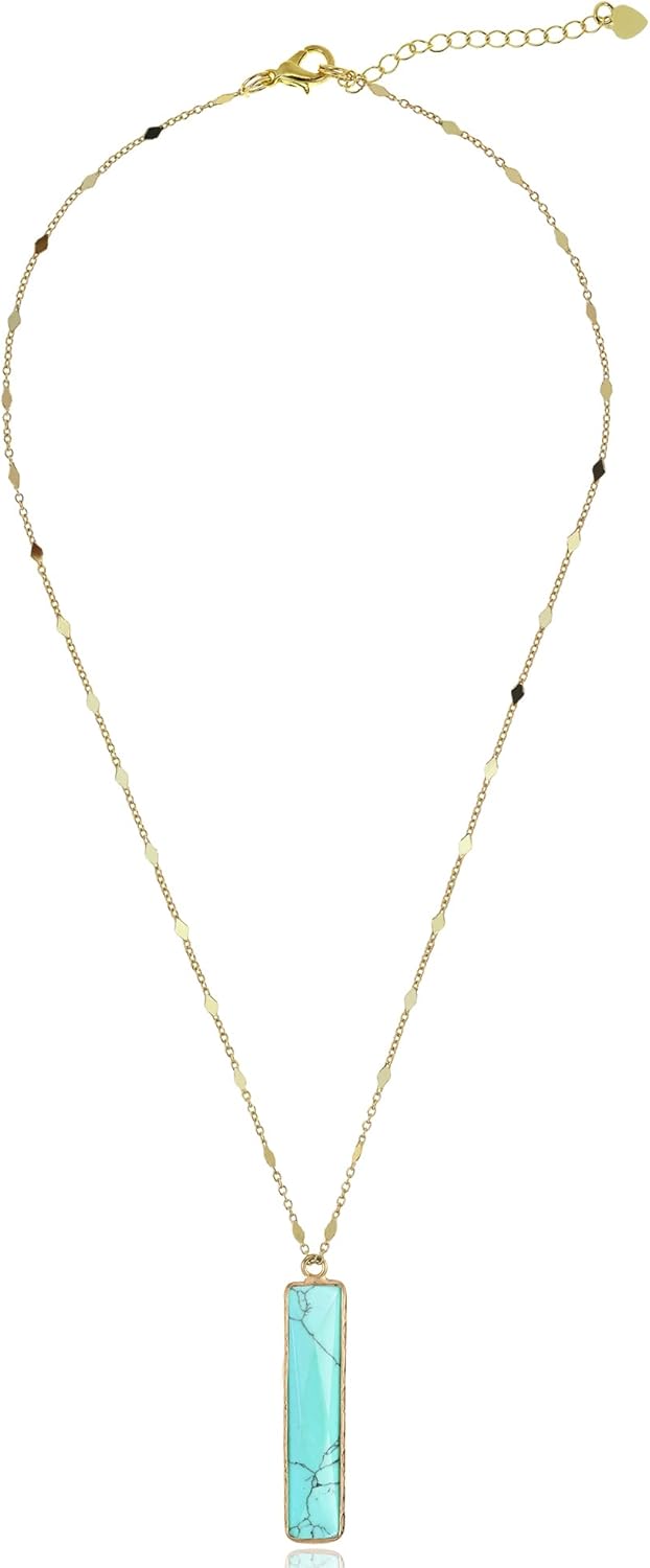 Chic Bohemian Simulated Green Turquoise Bar Gold-Plated .925 Sterling Silver Pendant Necklace - Image 2