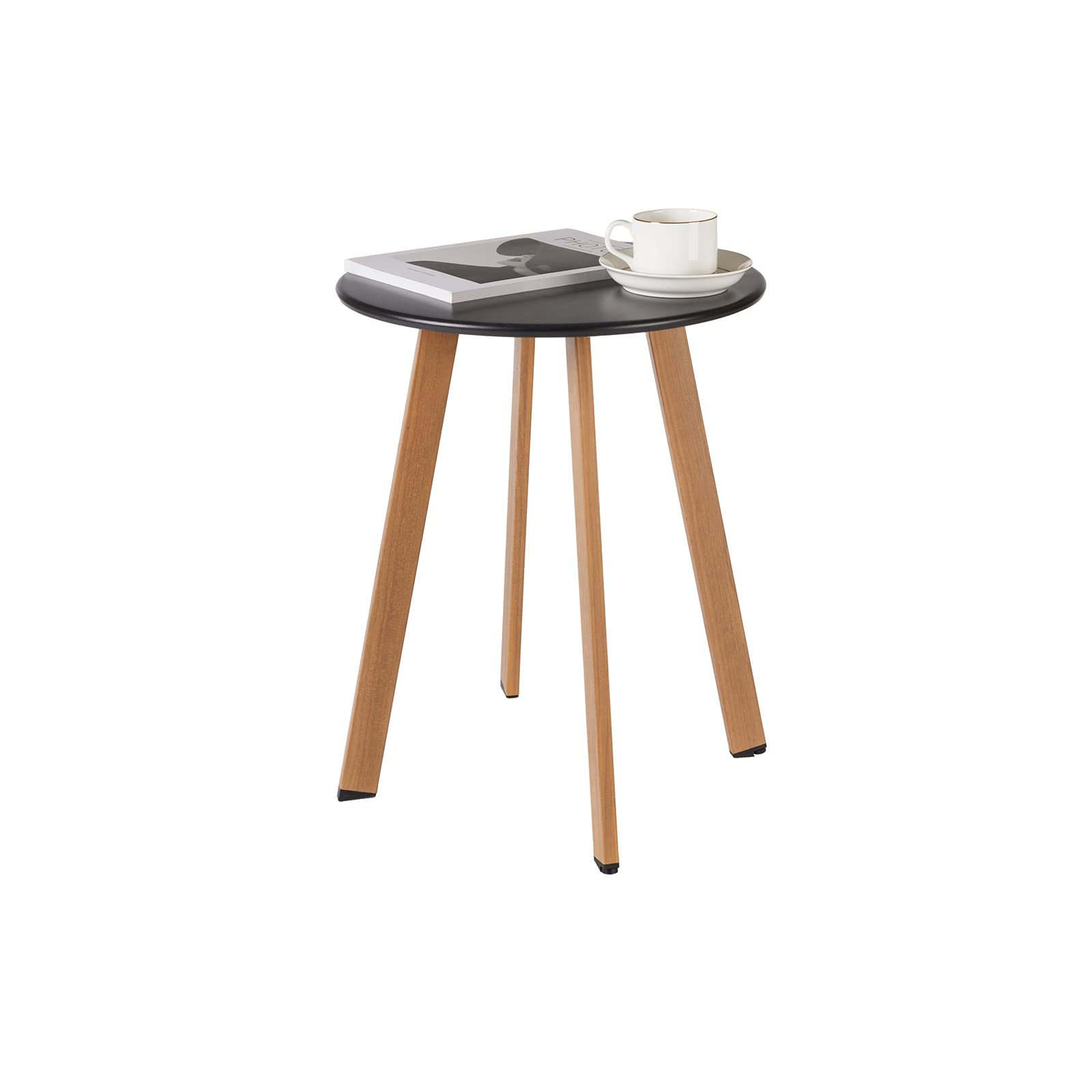 Juserox Outdoor Table Small Patio Side Table, Black Round Side Table with Metal Wood Grain Legs, Weatherproof, Portable, Outdoor End Table for Garden, Balcony, Yard, Balcony, Livingroom