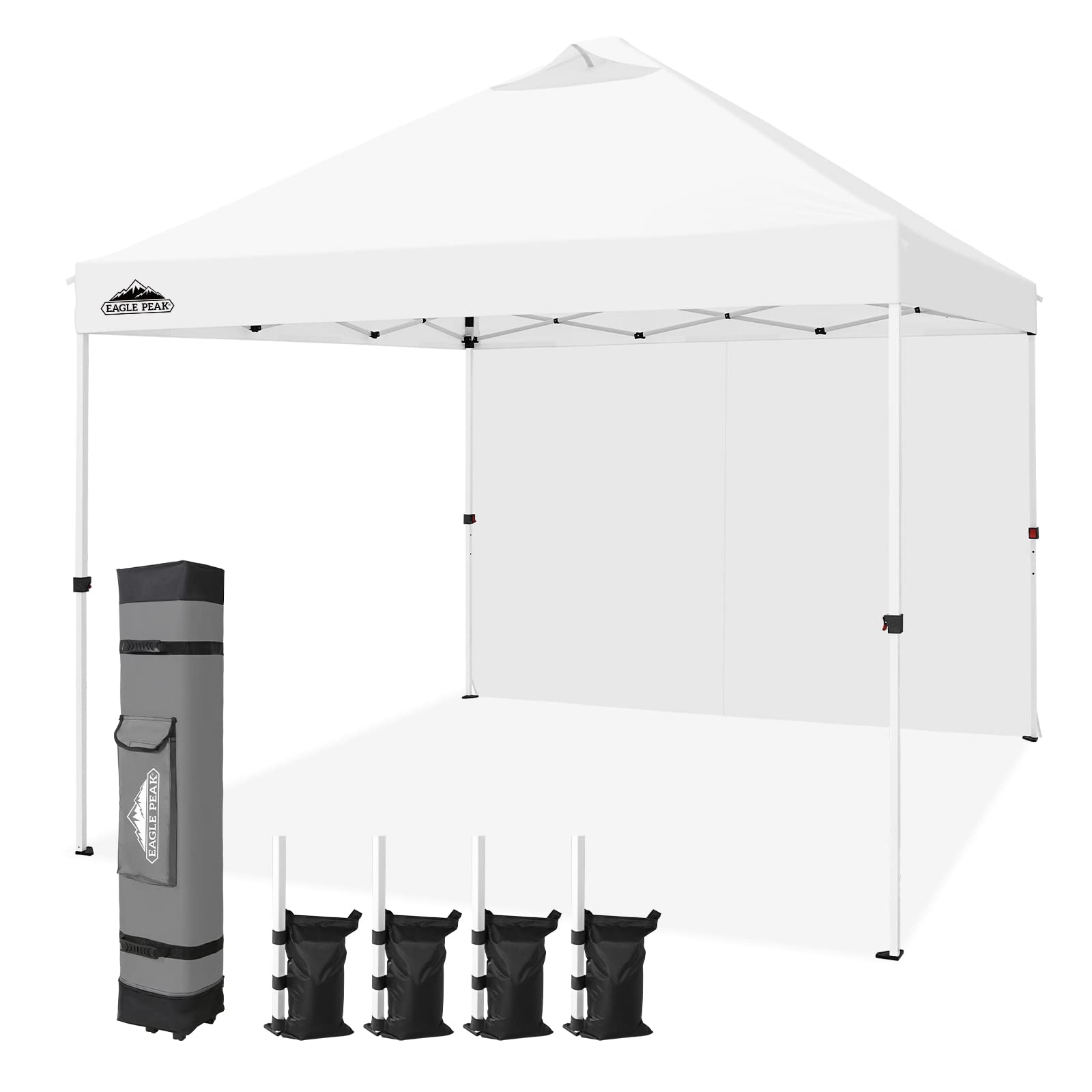 EAGLE PEAK 10x10 Commercial Easy Center Push Pop Up Canopy Tent Instant Marketplace Canopies with 1 Zippered Removable Side Wall and Wheeled Roller Carry Bag, 4 Weight Bags Included, White