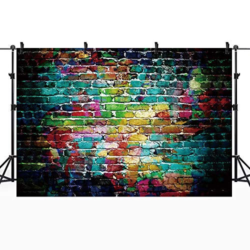 Riyidecor Colorful Brick Wall Backdrop 7Wx5H Feet Graffiti 80's 90's Hip Hop Disco Fabric Polyester Graduation Themed Party Photography Background Retro Block Portrait Decoration Props Photo Shoot - Thumbnail 2