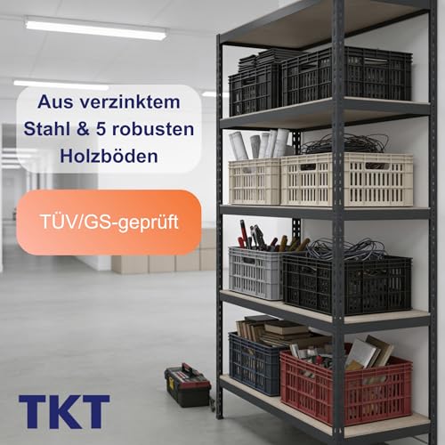 TKT – Work System Steckregal mit Holzböden & Unterzug 180x92x46cm - Regal mit 265kg Tragkraft pro Boden. Schwerlastregal mit 5 Böden für Werkstatt, Wohn- & Kellerraum. Anthrazit