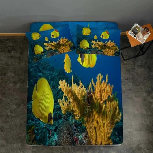 Buohwiwe Sabanas Bajeras 90x190 Peces Coralinos Sábanas Bajeras Océano Ajustable Suave Cómoda Sabana Bolsillo Profundo 30 cm, 2 Funda de Almohada, para Grueso Colchón q.152