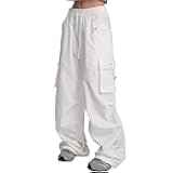 Women's Drawstring Elastic Waist Ruched Baggy Cargo Pants Hip Hop Streetwear, White, Medium