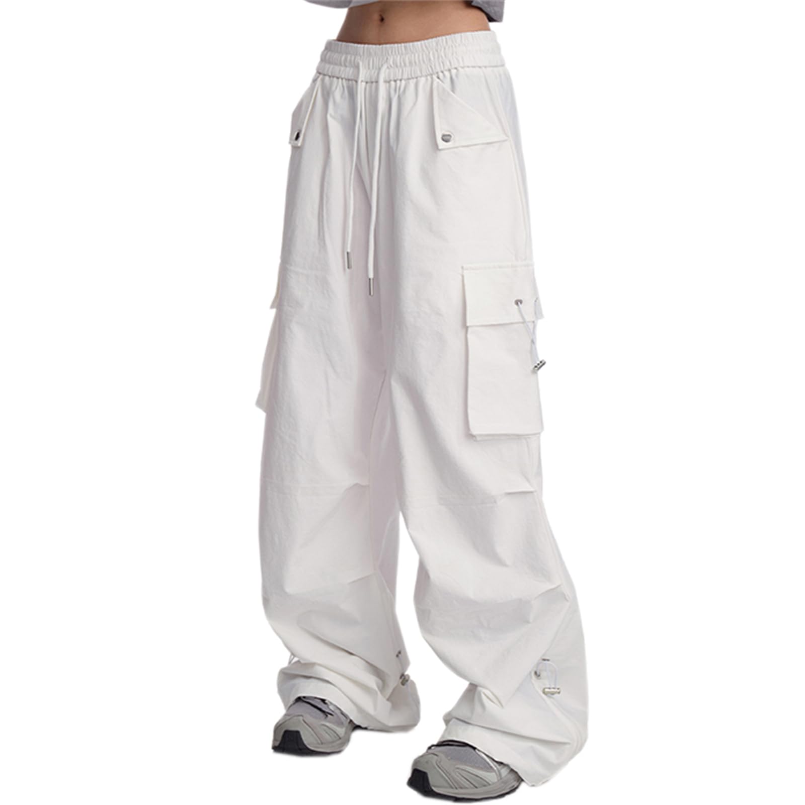 SANGTREE Womens Drawstring Elastic Waist Ruched Baggy Cargo Pants Hip Hop Streetwear White Medium